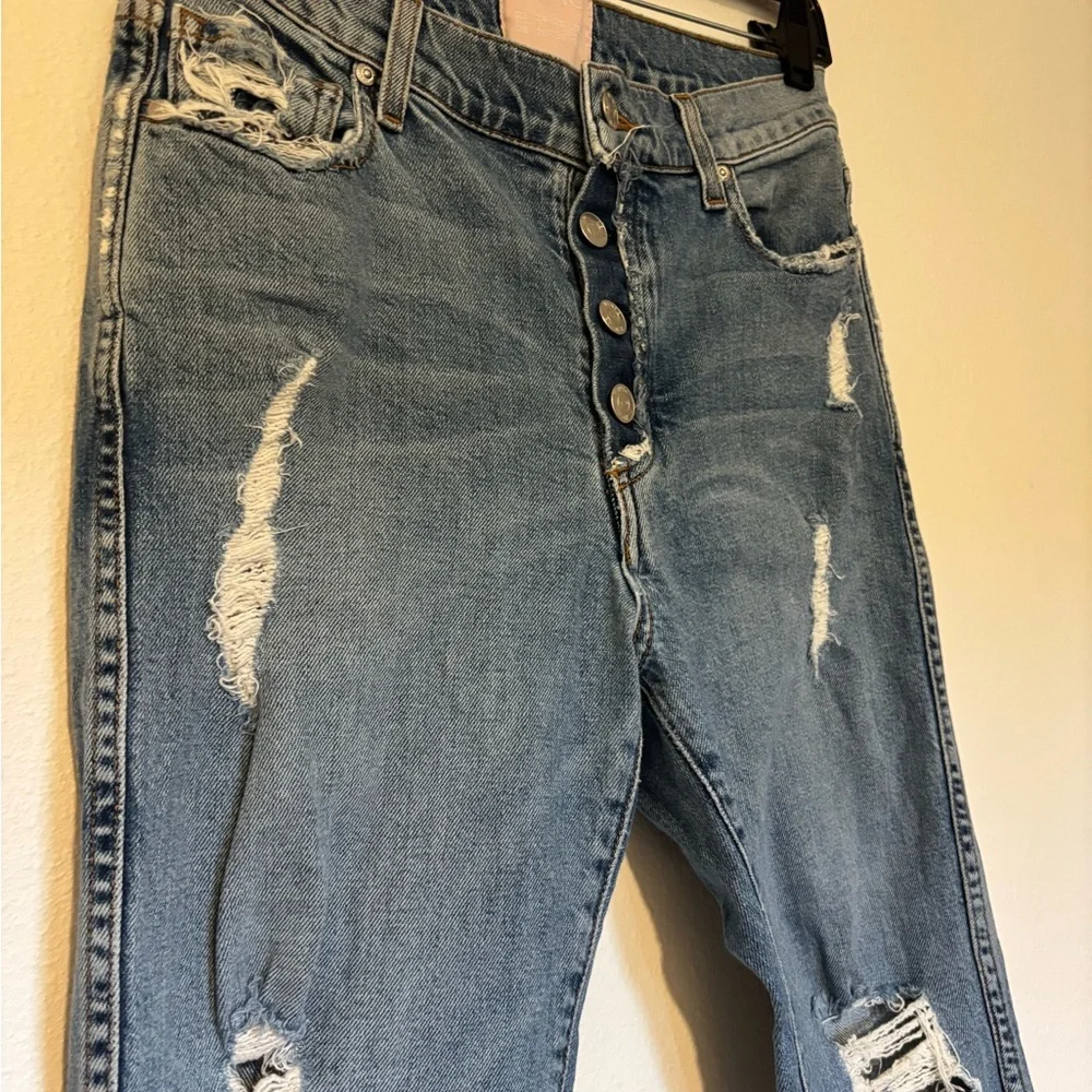 REVICE High Rise Button Fly Ripped Blue Jeans - Picture 3 of 4